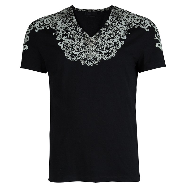 Alexander McQueen Black Floral Print V-Neck T-Shirt L