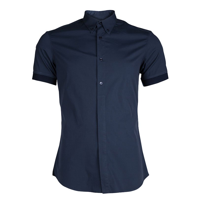 Pre Owned Alexander Mcqueen Navy Blue Rib Trim Short Sleeve Buttondown Cotton Shirt XL