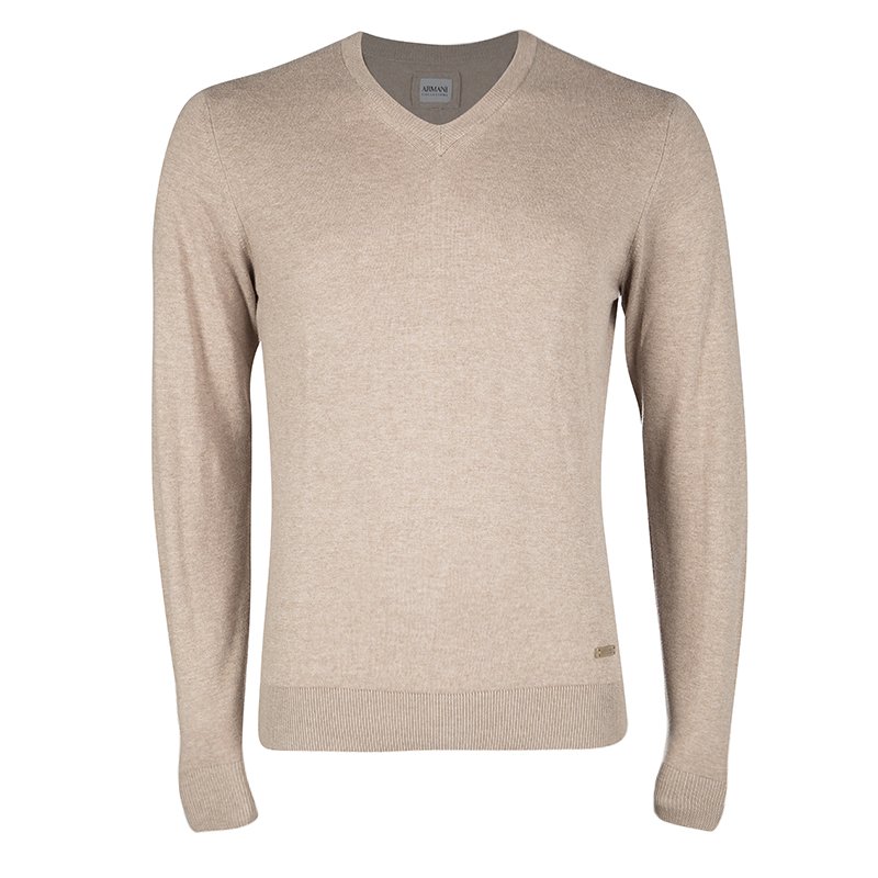 Pre Owned Armani Collezioni Beige Knit V Neck Long Sleeve Sweater L