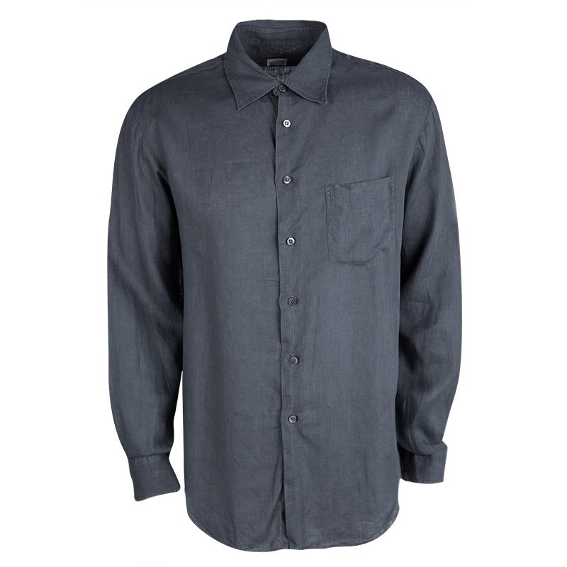 Armani Collezioni Grey Linen Long Sleeve Button Front Shirt L