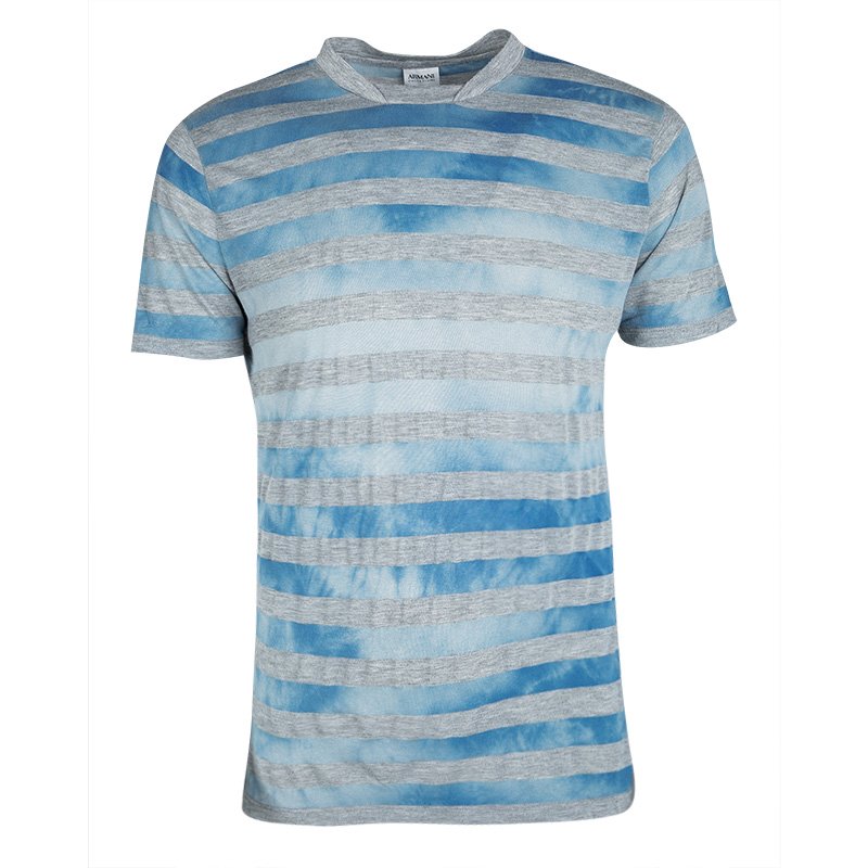 Armani Collezioni Blue and Grey Striped Blotch Dyed Crew Neck T-Shirt ...