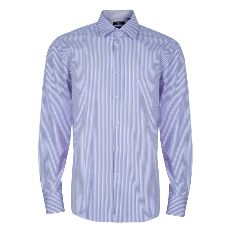 Pre Owned Boss by Hugo Boss Men's Lilac Striped Shirt L