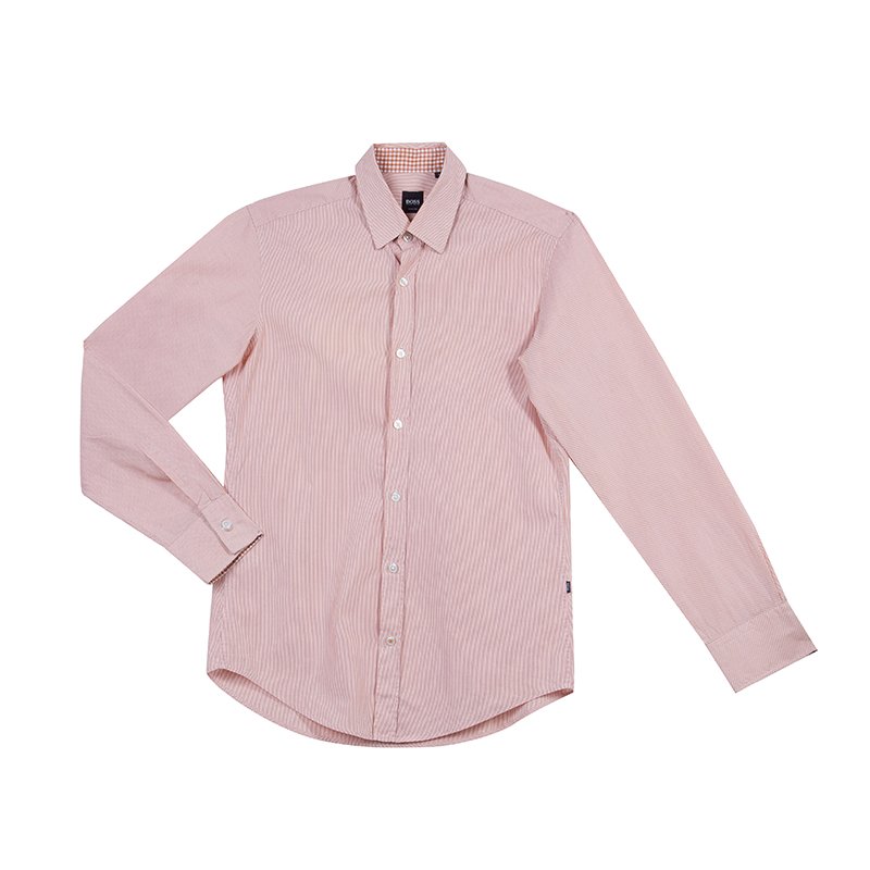 Pre Owned قميص بوس باي هوغو بوس قطن برتقالي مقلم بأكمام طويلة مقاس S