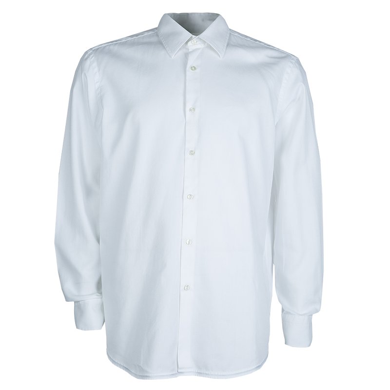 قميص بوس باي هوغو بوس قطن أبيض منقوش بأكمام طويلة وأزرار أمامية L