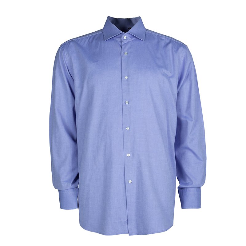 قميص بوس باي هوغو بوس قطن أزرق بأكمام طويلة وأزرار أمامية XL