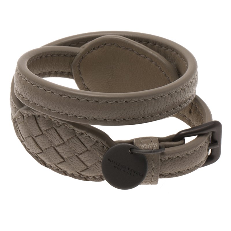 Bottega Veneta Beige Double Wrap Around Intrecciato Leather Bracelet Size XS