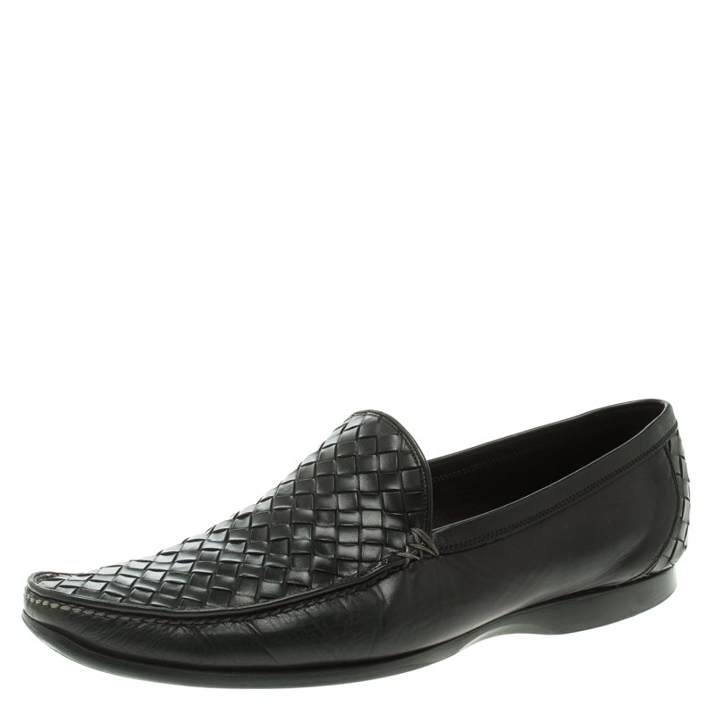 Pre Owned Bottega Veneta Black Intrecciato Leather Anwick Moccasins Size 42