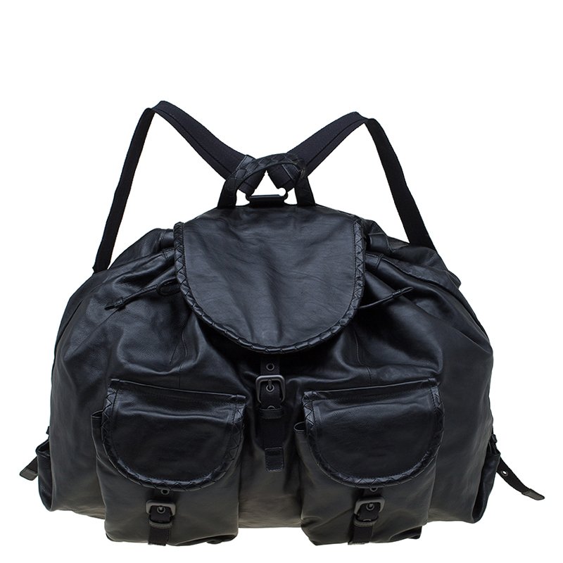 Bottega Veneta Black Leather Drawstring Backpack 