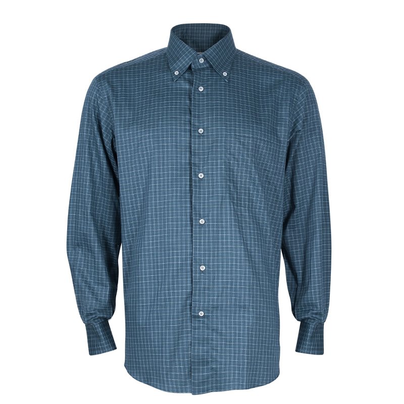 Pre Owned Brioni Men's Blue Checked Shirt L