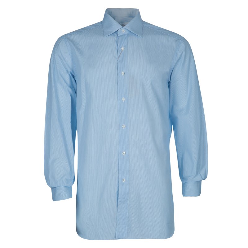 Pre Owned Brioni Men's Light Blue Pinstripe Cotton Shirt L