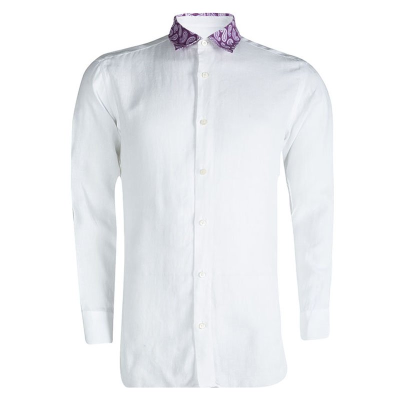 Pre Owned Brioni White Linen Paisley Detailed Collar Shirt L
