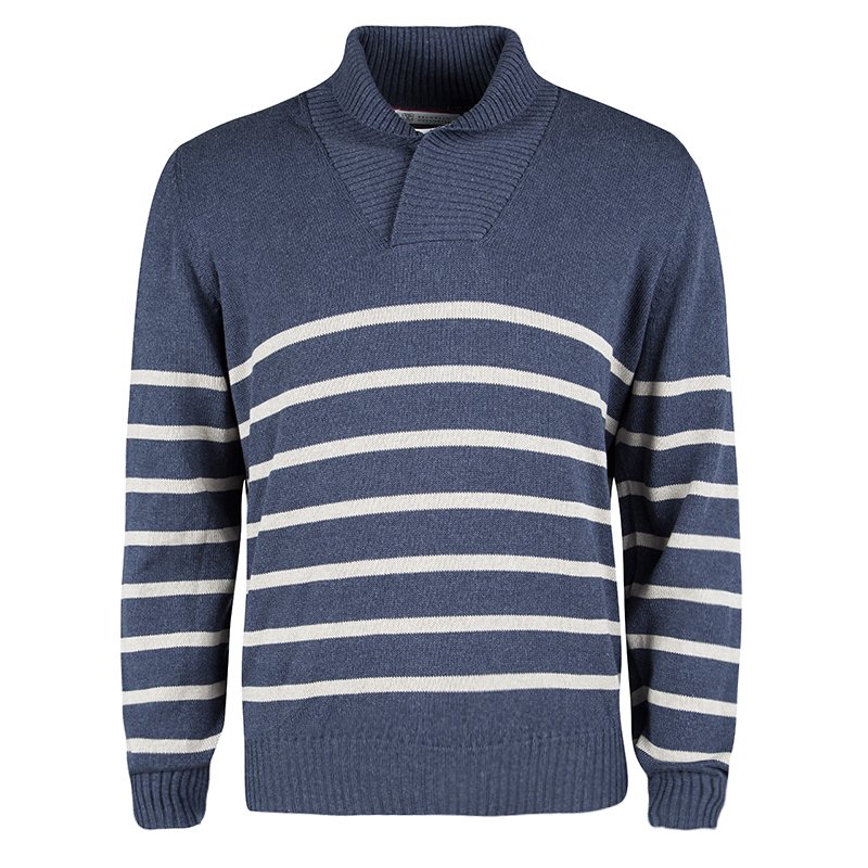 Pre Owned Brunello Cucinelli Blue and White Nautical Striped Cotton Sweater XL