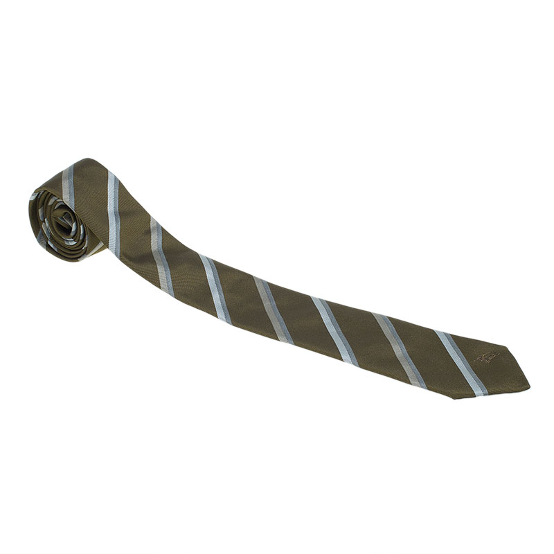 Pre Owned Burberry Olive Green and White Striped Silk Tie