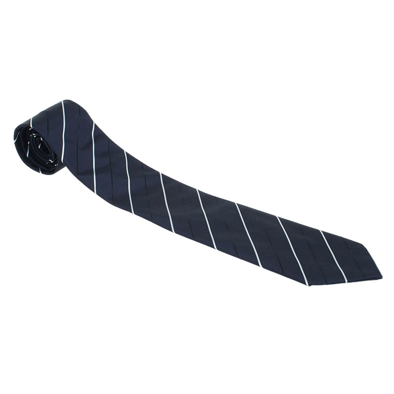 Burberry Navy Blue and White Striped Silk Tie