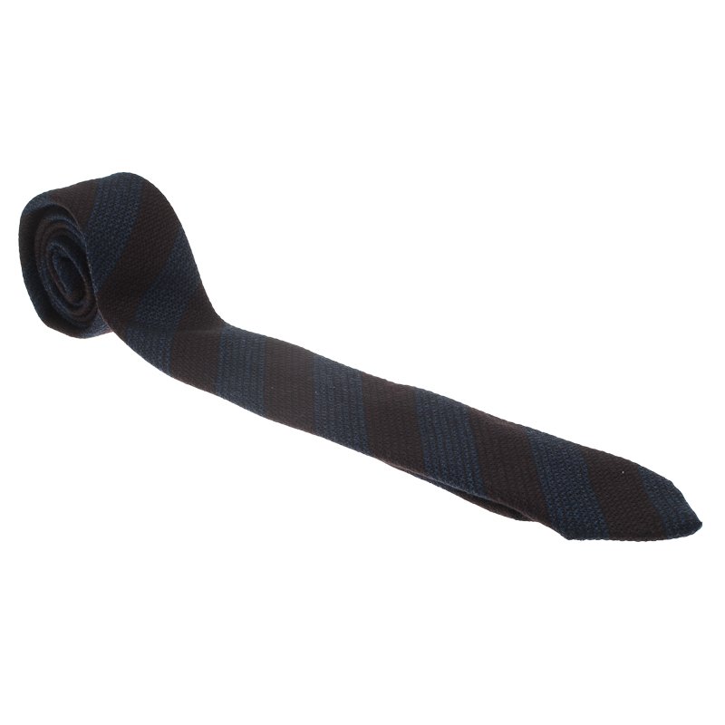 ربطة عنق بربري صوف وحرير بني وأزرق مخططة