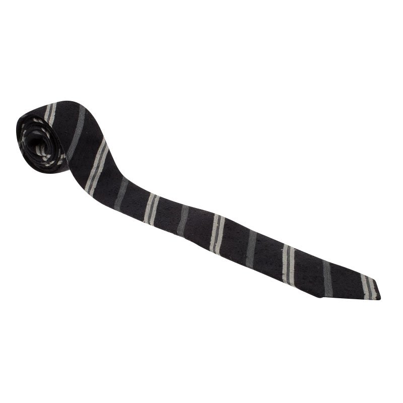 Pre Owned Burberry Black and Grey Striped Silk Tie