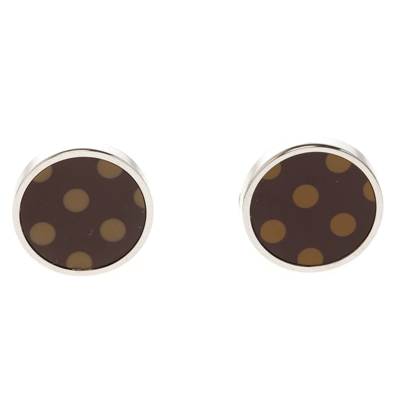 Burberry Burgundy & Orange Polka Dot Enamel Silver Tone Round Cufflinks
