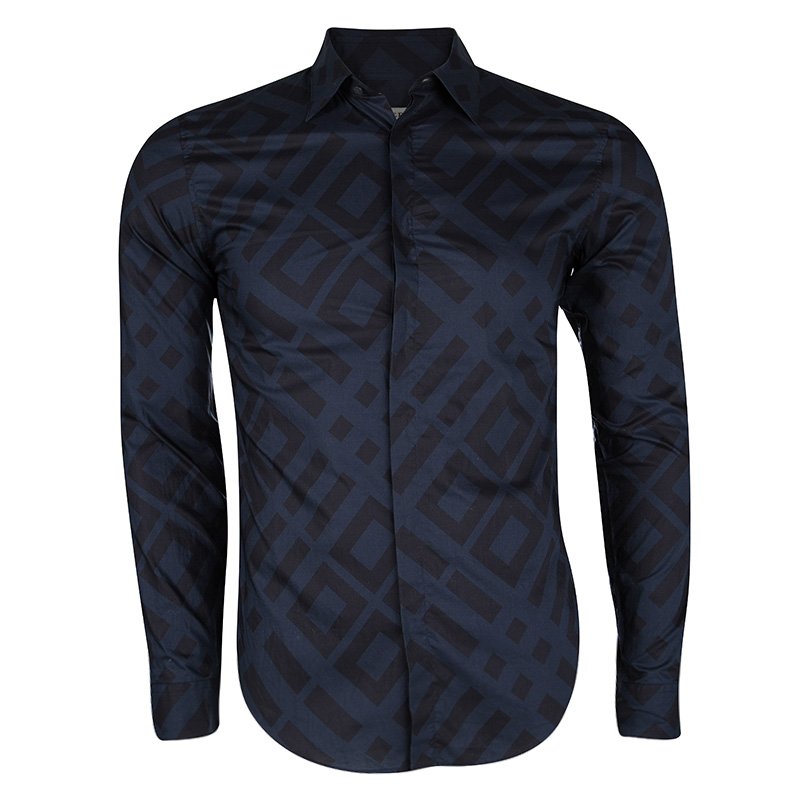 Pre Owned Burberry London Deep Teal Blue Geometric Printed Long Sleeve Cotton Shirt S