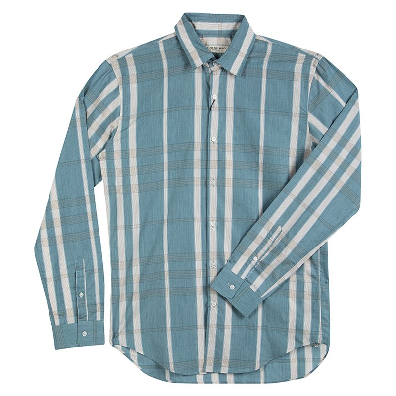 Pre Owned قميص بربري أكمام طويلة أزرار أمامية قطن كاروهات أزرق S