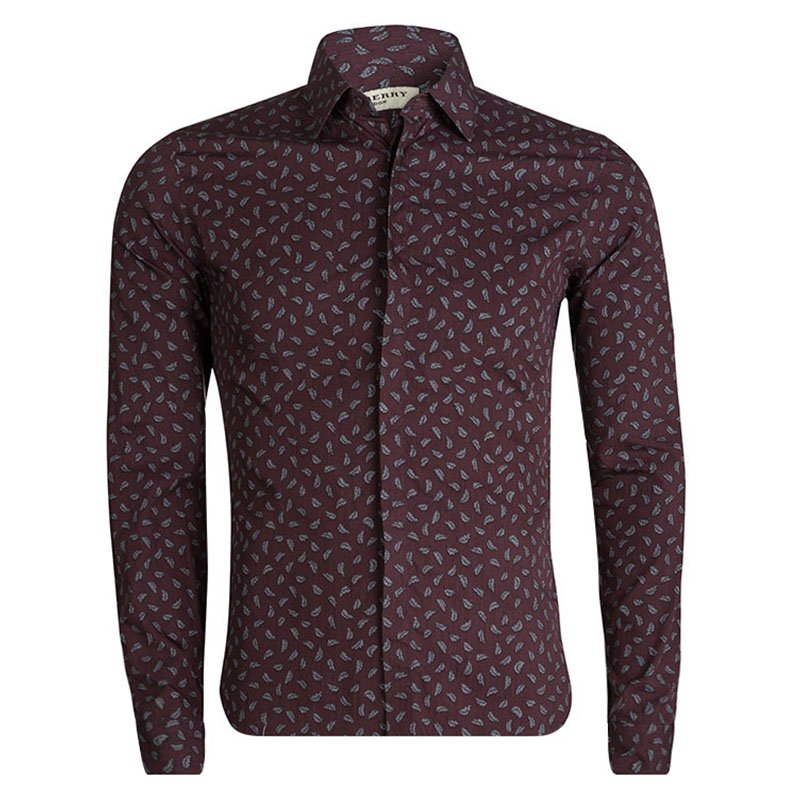 Burberry London Burgundy Leaf Printed Long Sleeve Button Front Shirt S ...