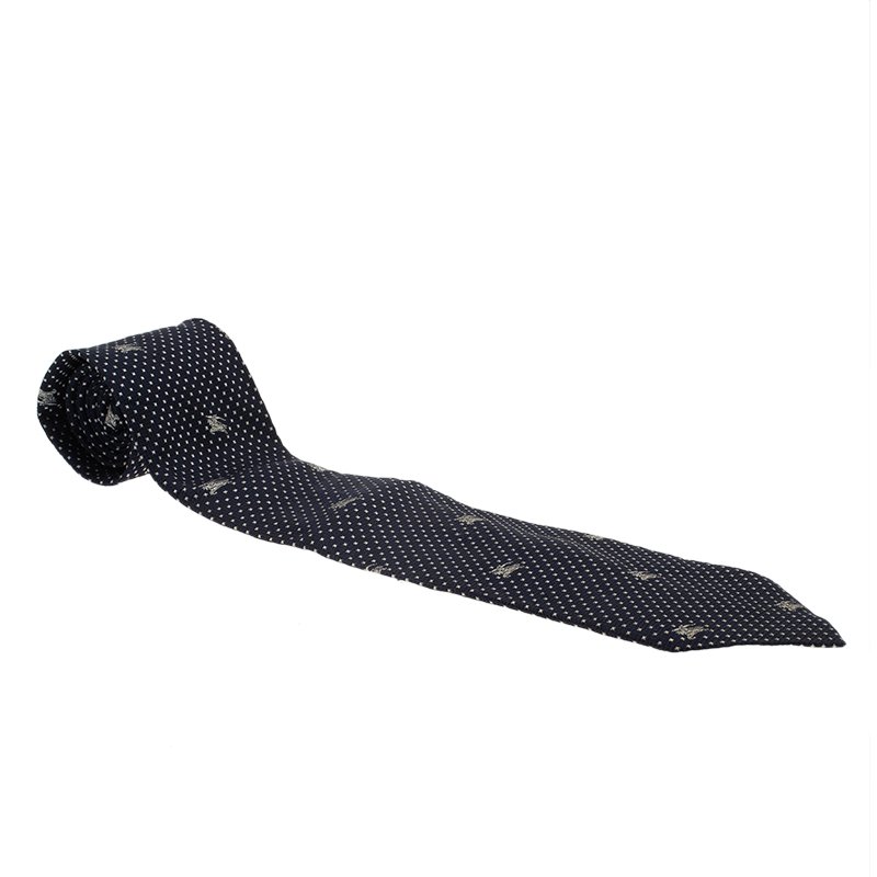 Pre Owned Burberry Dark Blue Polka Dot Logo Silk Tie