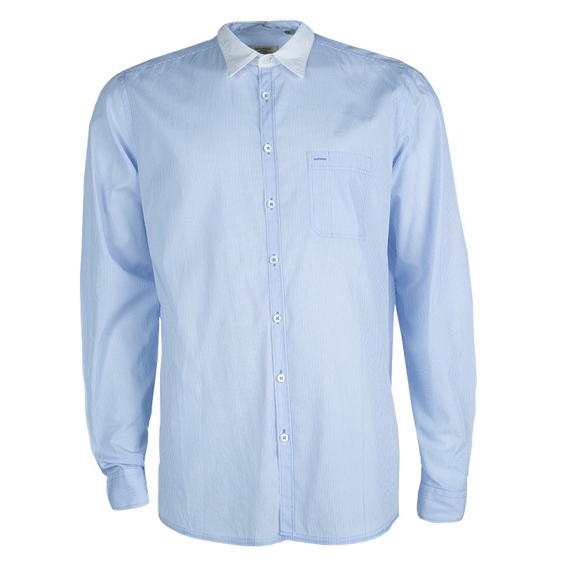 قميص بربري قطن أزرق مخطط بأكمام طويلة وأزرار أمامية XL