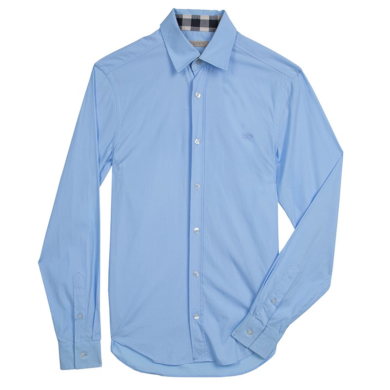 مملوكة مسبقًا قميص بربري قطن أزرق بأكمام طويلة وأزرار أمامية XS