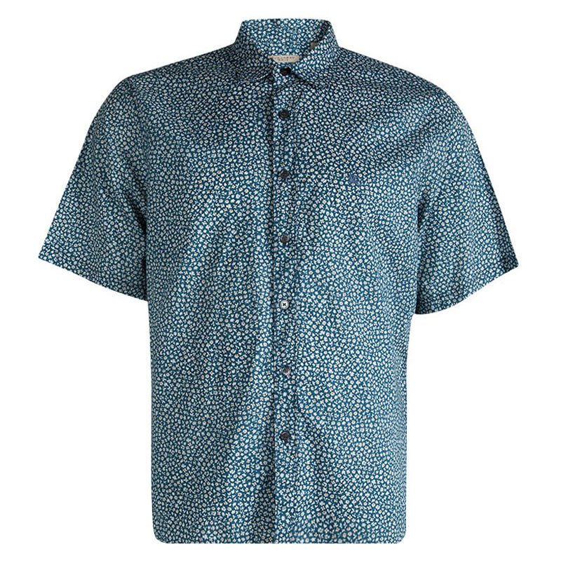 Pre Owned Burberry Brit Blue Cotton Floral Printed Short Sleeve Button Front Shirt XXL