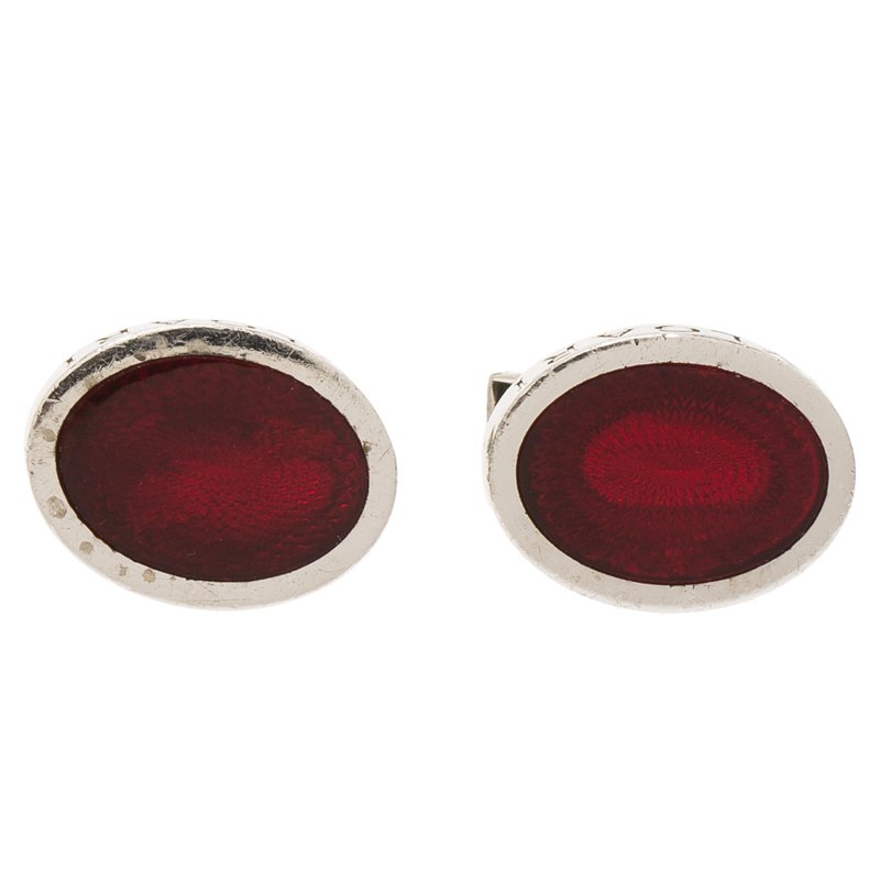 Bvlgari Red Enamel Guilloché Engraved Silver Cufflinks