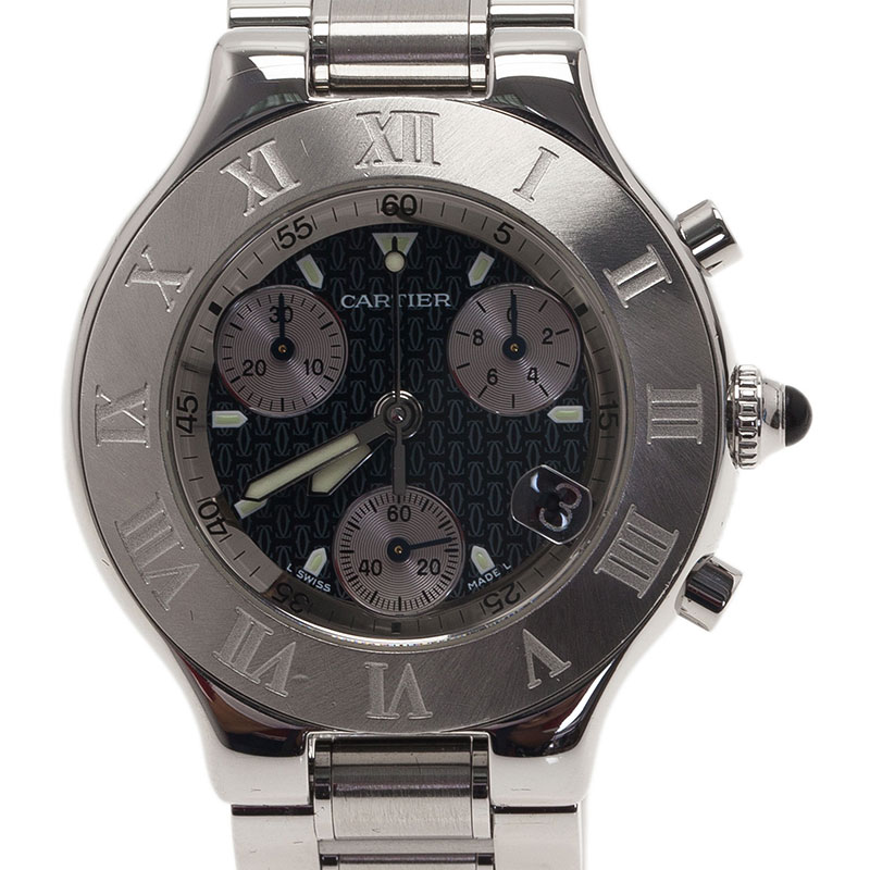 Pre Owned Cartier Black Stainless Steel Chronoscaph Men's Wristwatch 38MM