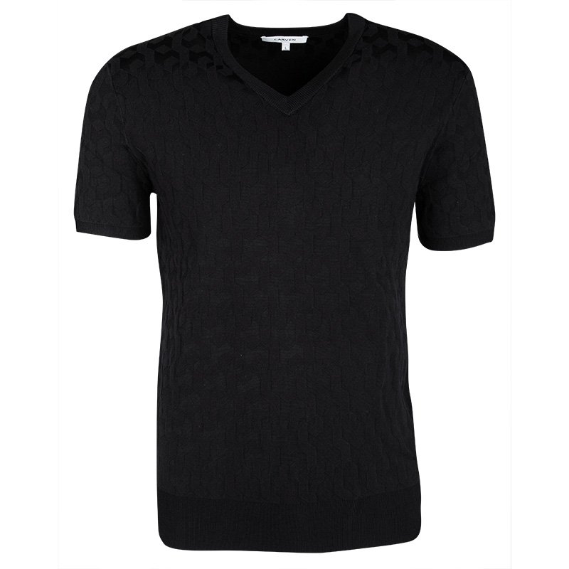Pre Owned Carven Black Patterned Jacquard Knit Short Sleeve V-Neck Top L