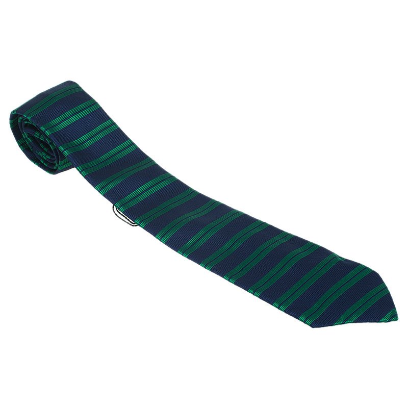 Pre Owned CH Carolina Herrera Green and Navy Blue Striped Silk Tie