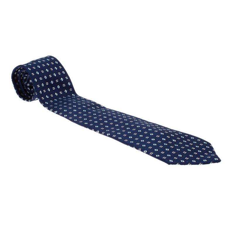 Chanel Blue CC Textured Print Silk Tie