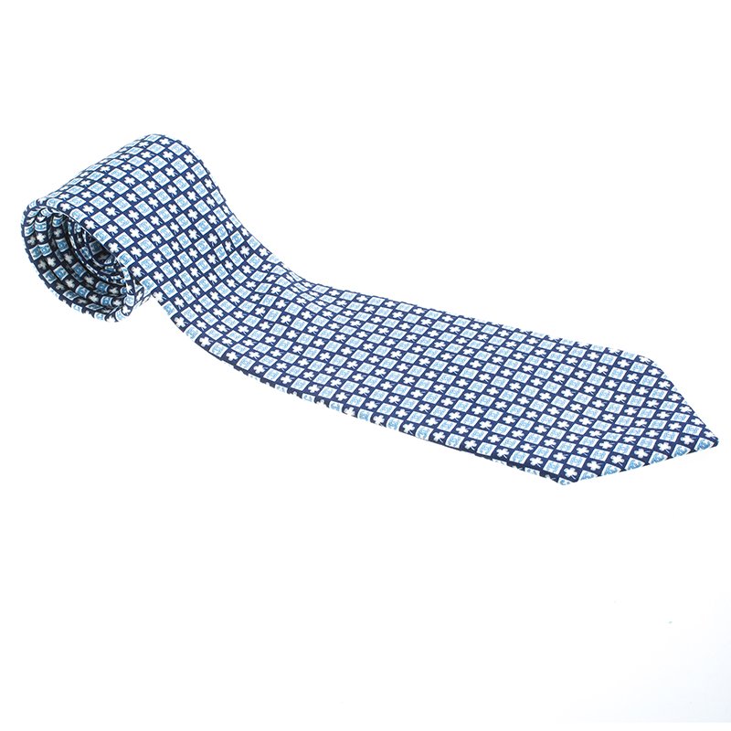 Chanel Navy Blue CC And Clover Printed Silk Tie