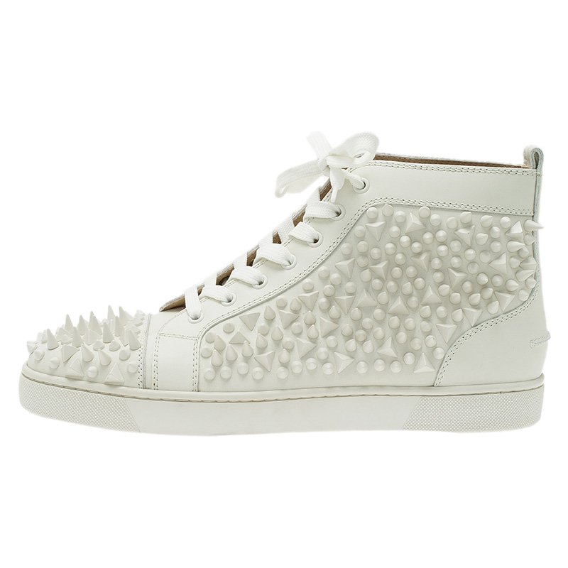 Christian Louboutin Fluo White Leather Spikes Louis High-Top Sneakers Size  6.5/37 - Yoogi's Closet