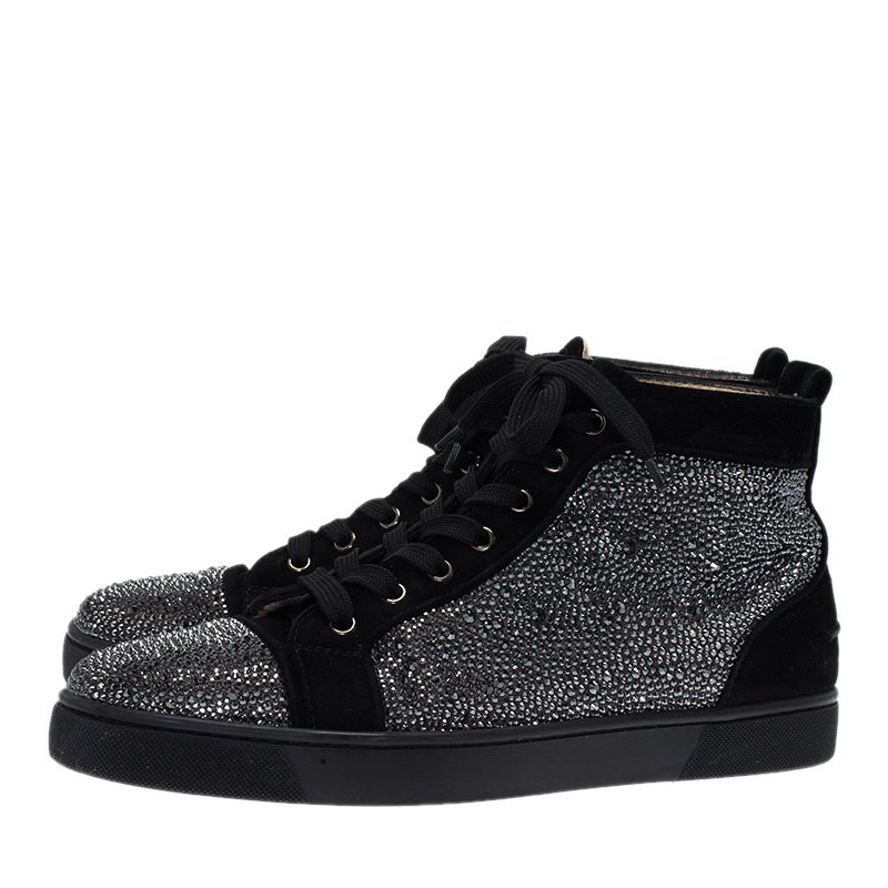 Christian Louboutin Black Strass Suede Louis High Top Sneakers Size 43