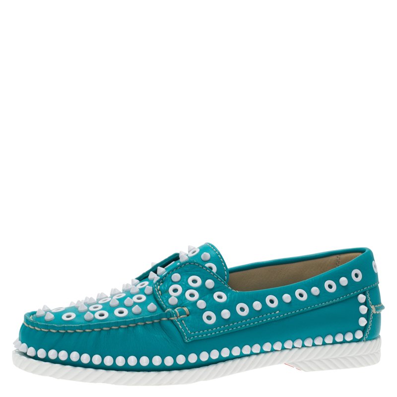 Christian Louboutin Turquoise Spike Leather Yacht Loafers Size 41.5