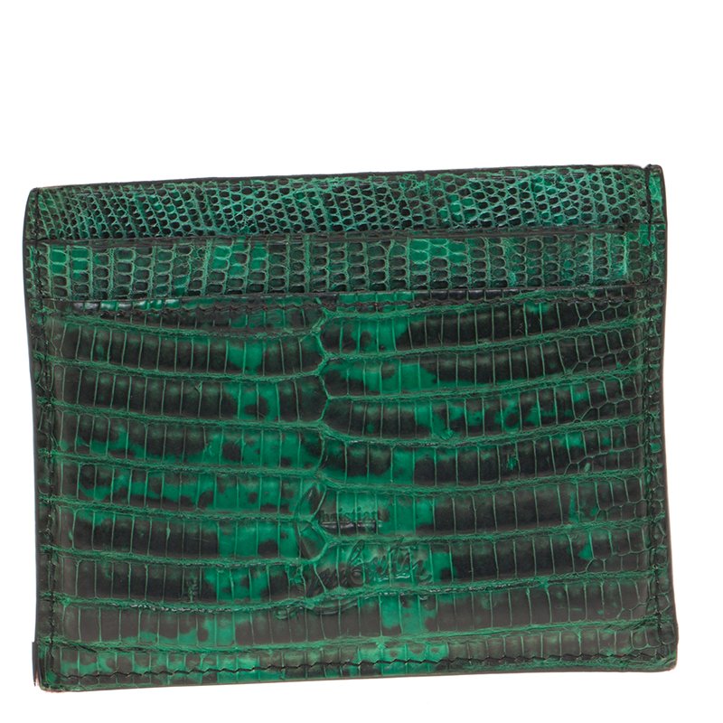 Pre Owned Christian Louboutin Green Lizard Embossed Leather Kios Card Holder