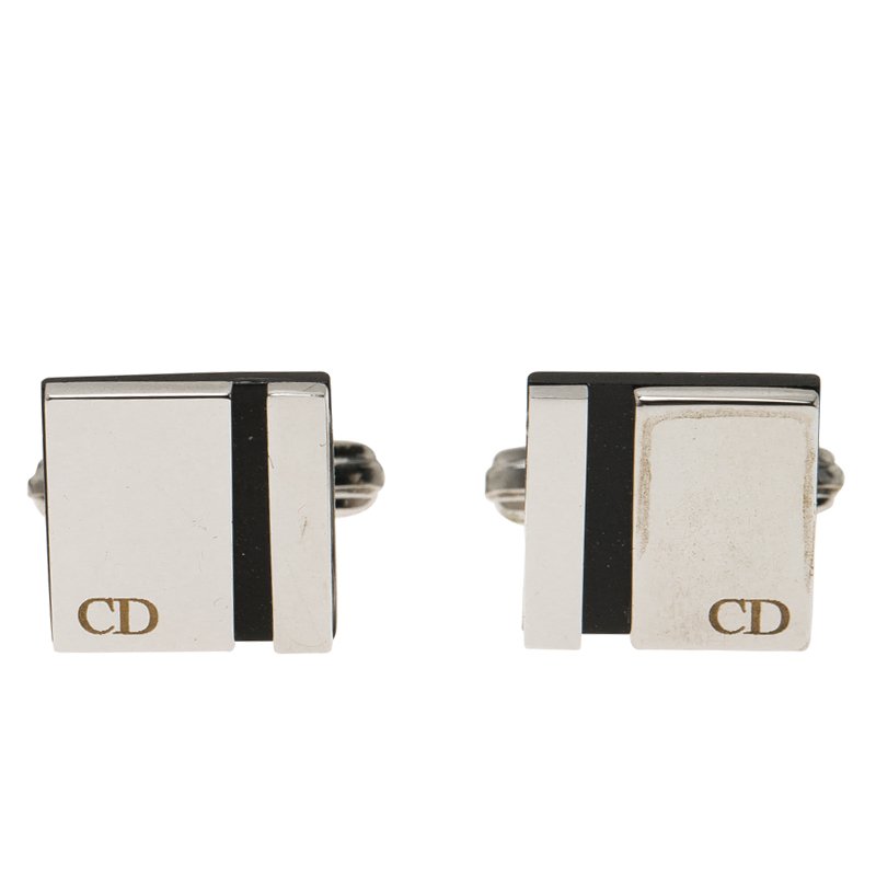 Pre Owned Dior Silver and Black Stainless Steel Cassic Cufflinks