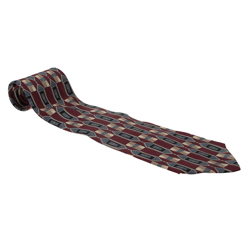 Pre Owned Dior Burgundy and Blue Printed Silk Tie