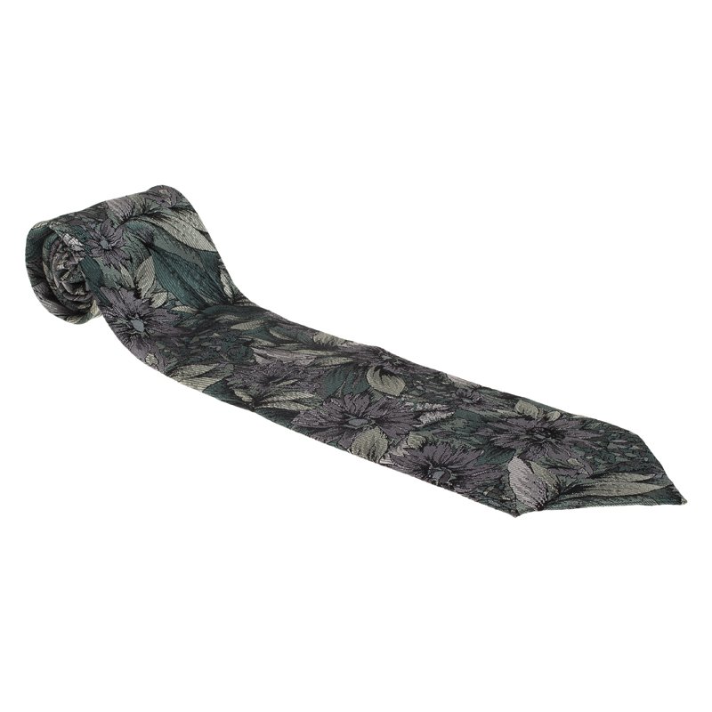 Pre Owned Dior Green Metallic Floral Print Silk Tie