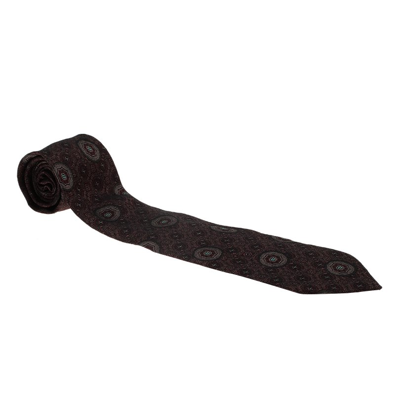 Pre Owned Dior Burgundy and Grey Printed Silk Tie