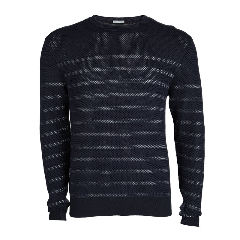 Dior Navy Blue Striped Perforated Knit Sweater L