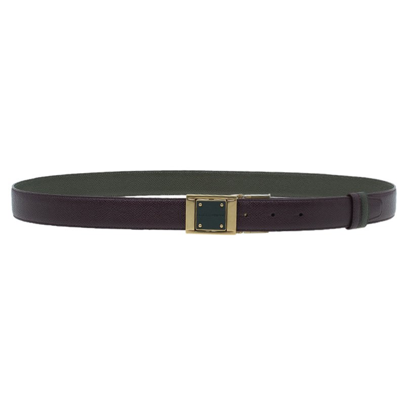 Pre Owned Dolce and Gabbana Burgundy and Green Logo Plaque Reversible Belt 110CM