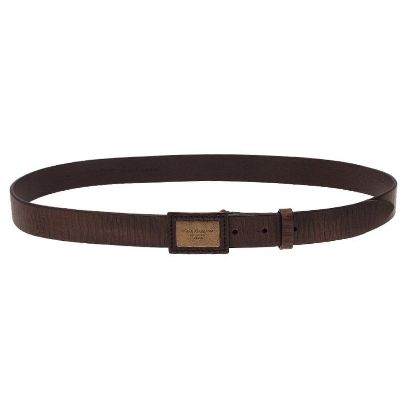 Pre Owned Dolce and Gabbana Brown Leather Continuity Logo Plaque Belt Size 95 