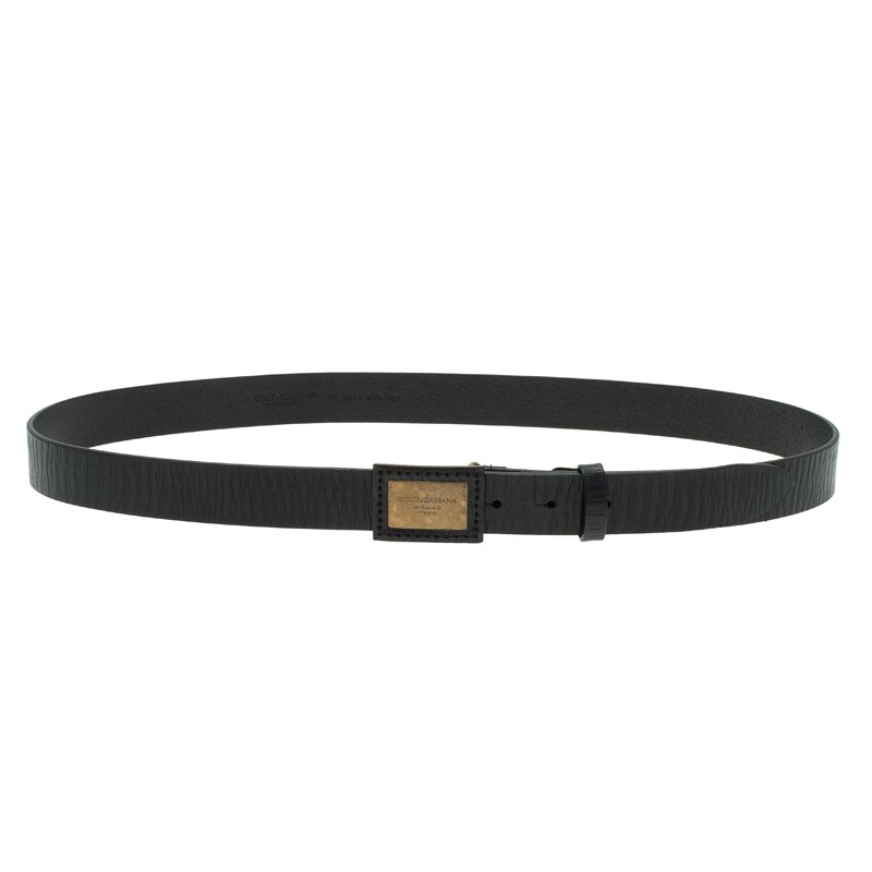 Pre Owned Dolce and Gabbana Black Leather Logo Plaque Belt 105CM