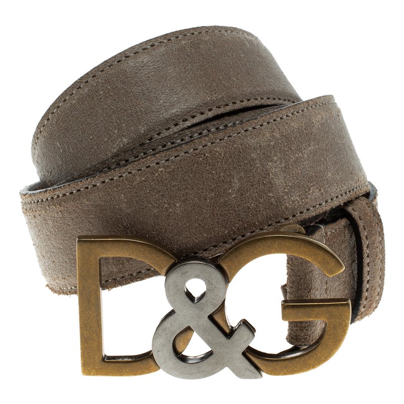 Pre Owned Dolce and Gabbana Grey Leather D&G Buckle Belt 110 CM