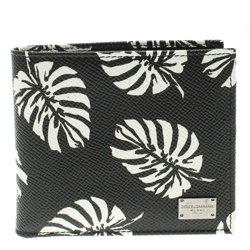 Dolce and Gabbana Black Leaf print Leather Bifold Wallet