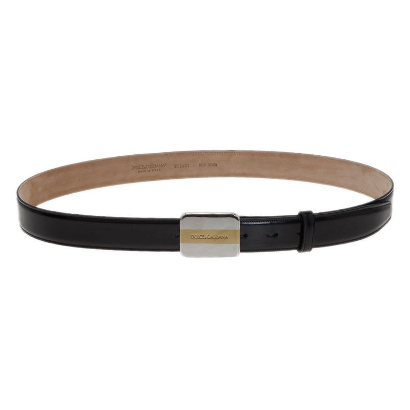 مملوكة مسبقًا Dolce and Gabbana Black Leather Logo Plaque Belt 90CM