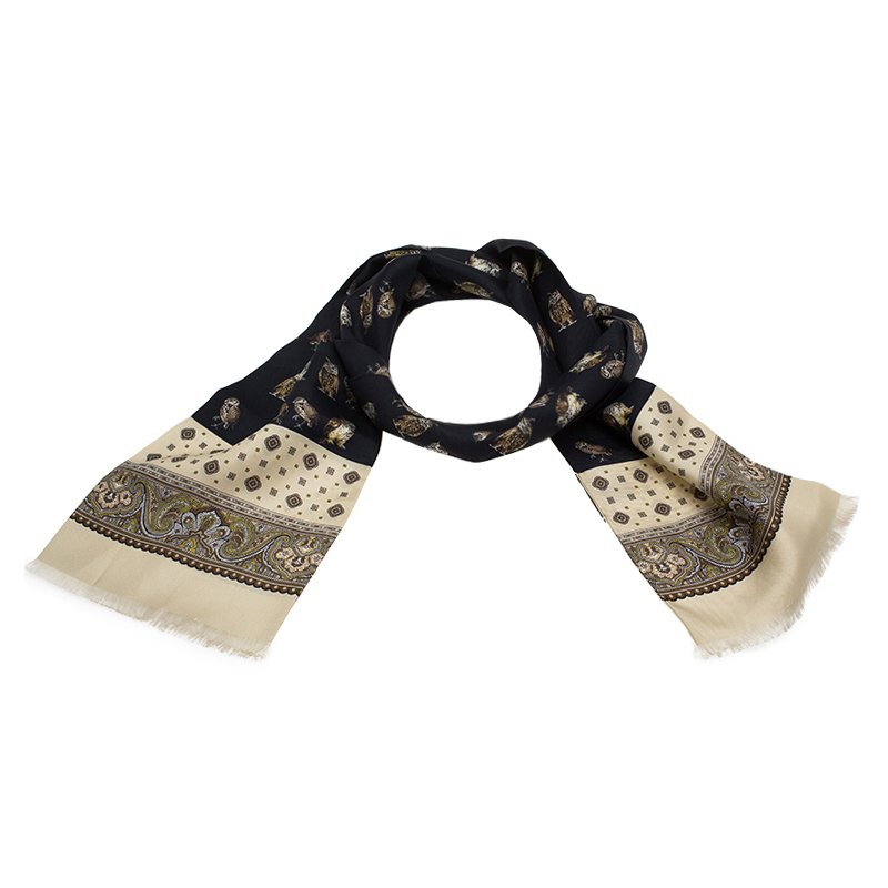Dolce and Gabbana Navy Blue & Cream Two Tone Owl Print Silk Stole